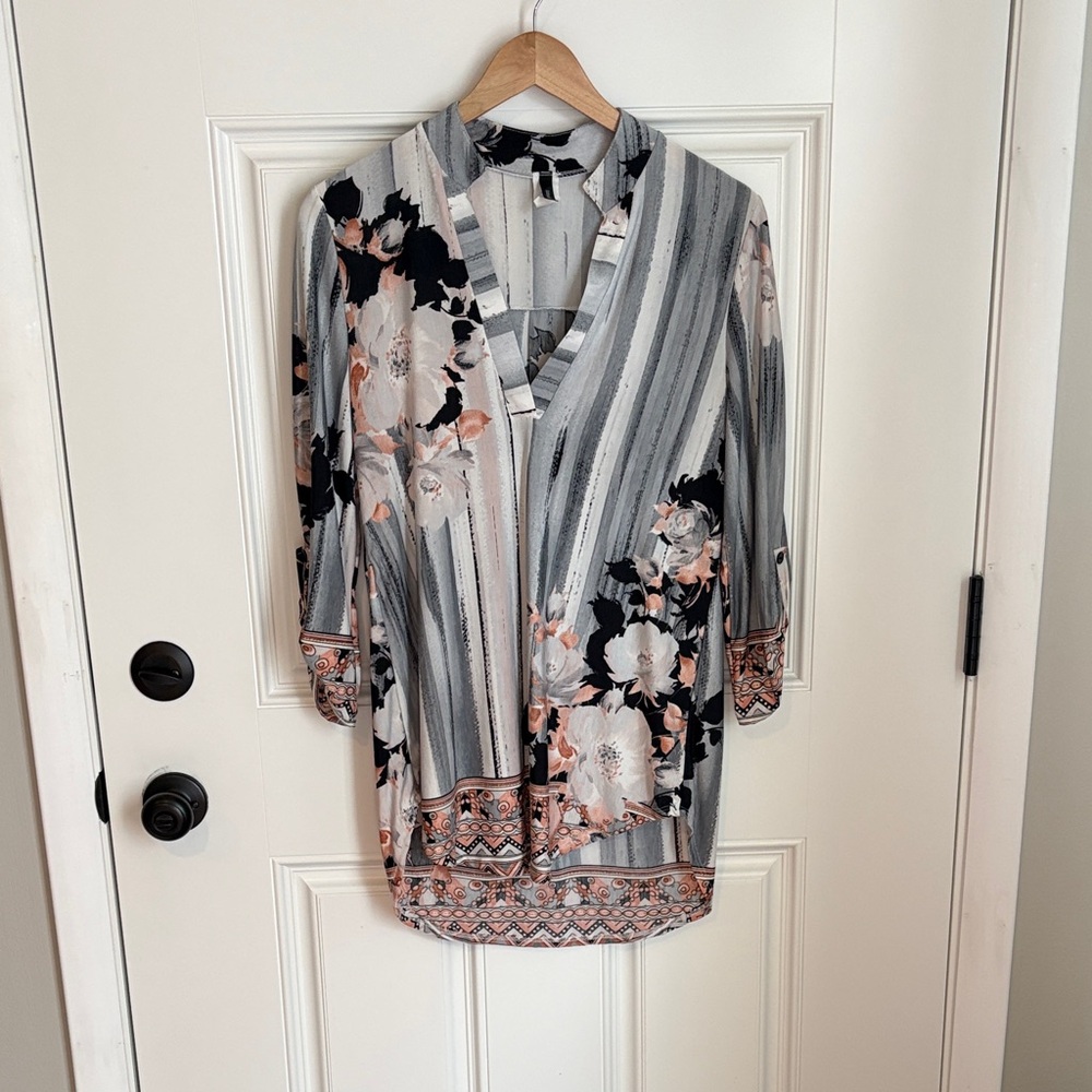 Yahada Black and Pink Floral Striped Blouse